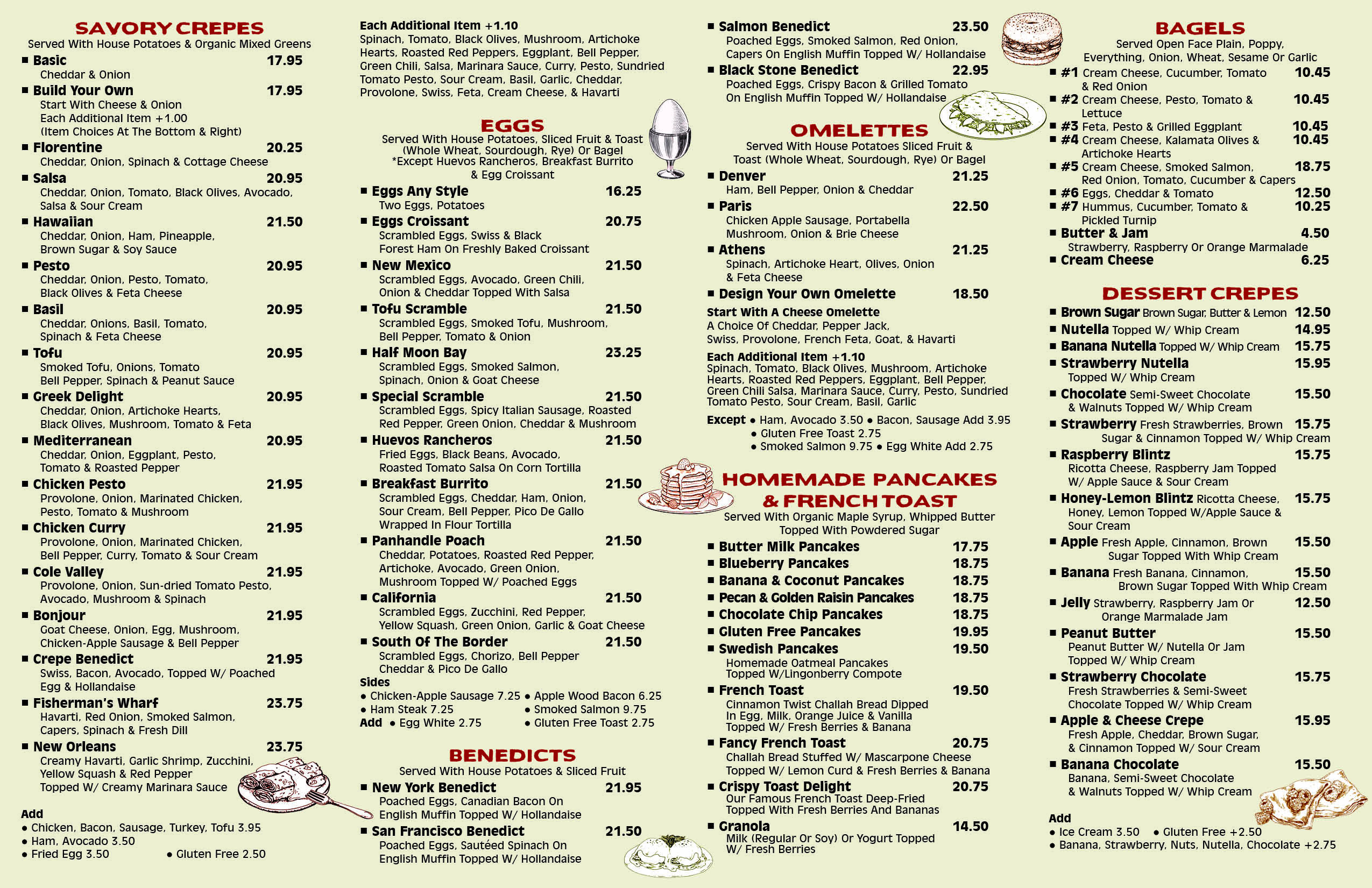 Crepes on Cole menu with savory crepes, eggs, Benedicts, omelettes, pancakes, French toast, bagels and dessert crepes