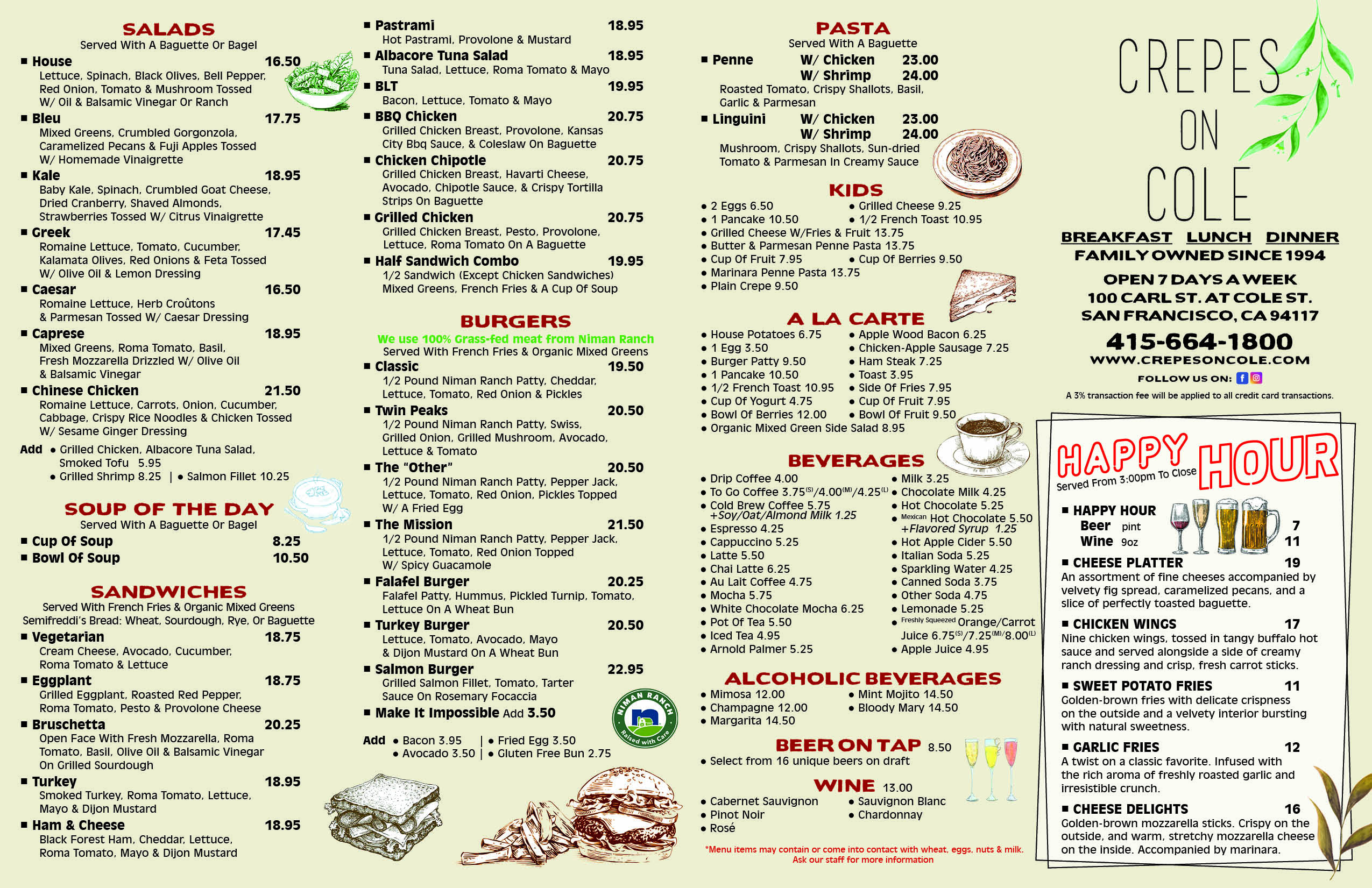 Crepes on Cole menu with salads, soups, sandwiches, burgers, pasta, kids meals, drinks and happy hour